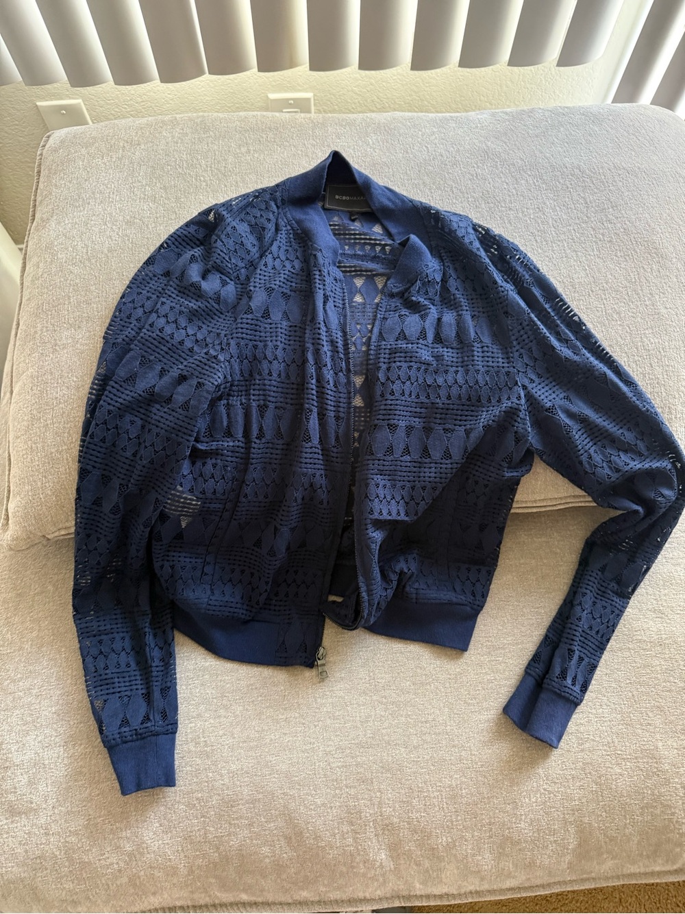 BCBGMaxAzria Navy Open-Knit Bomber Jacket